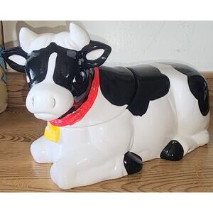 Vintage AMC Ceramic Holstein Black and White Cow Cookie Jar W/ Sound Moo's
